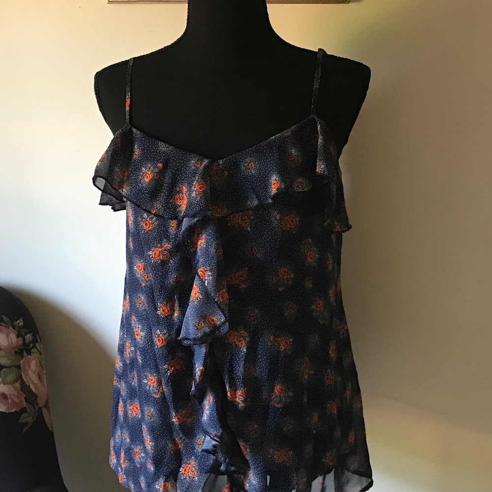 Flowy Navy Blue Blouse with Floral Print SZ medium